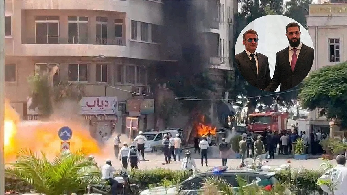 Twin explosions in front of Macron's hotel shake Damascus